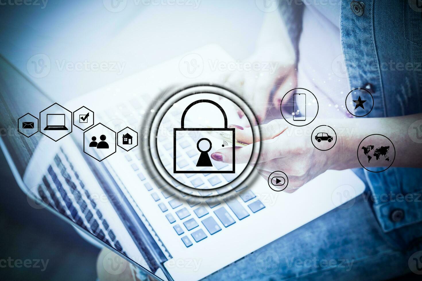 business, technology and internet concept - businessman pressing data security button on virtual screens photo