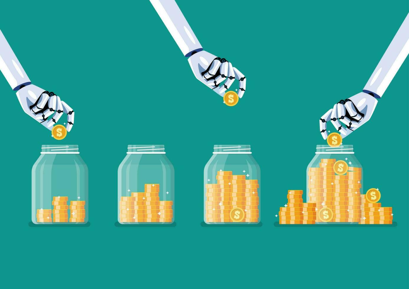 Robot hands saving coins in glass jars vector