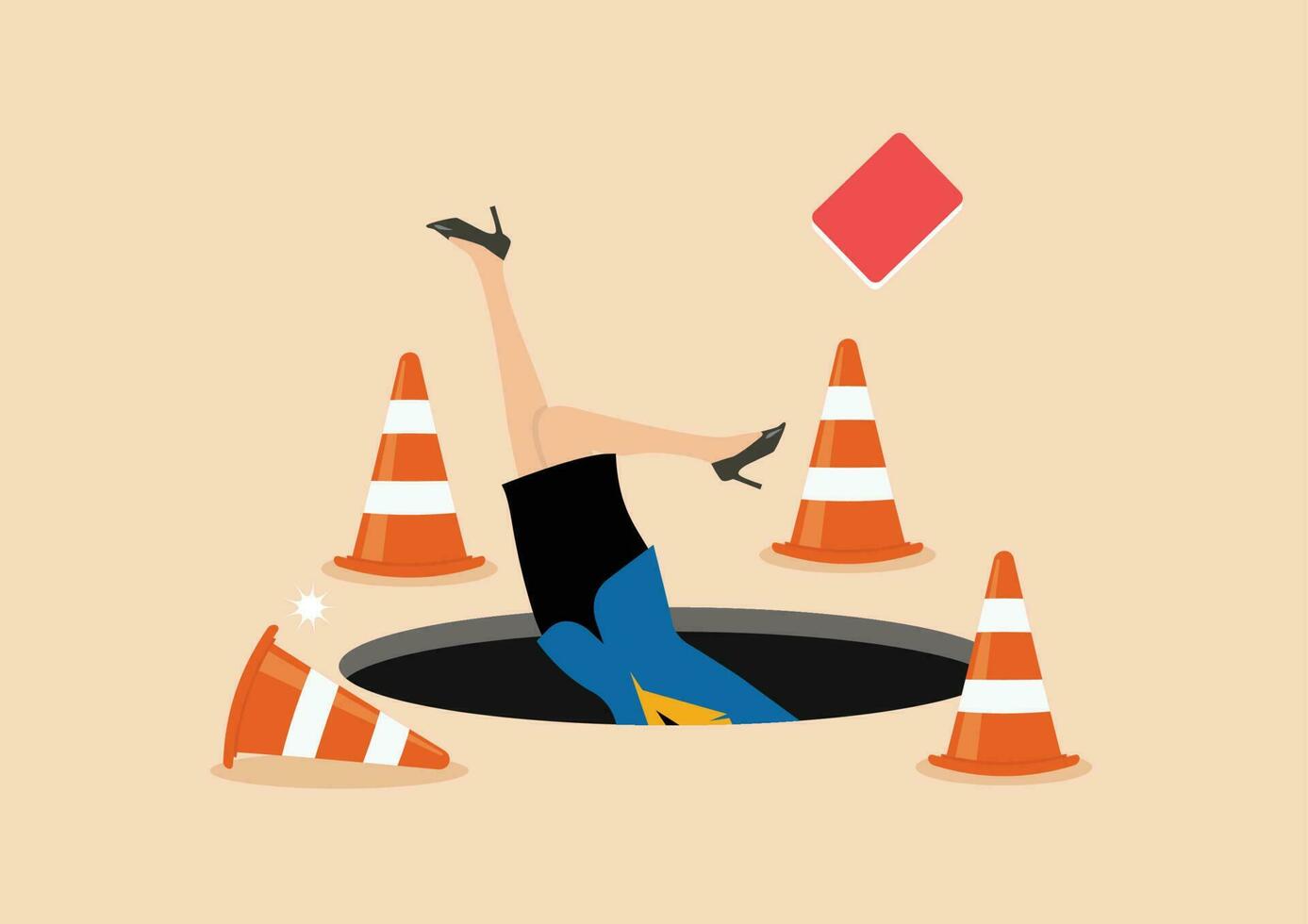 Terrified business woman fall down into the hole vector