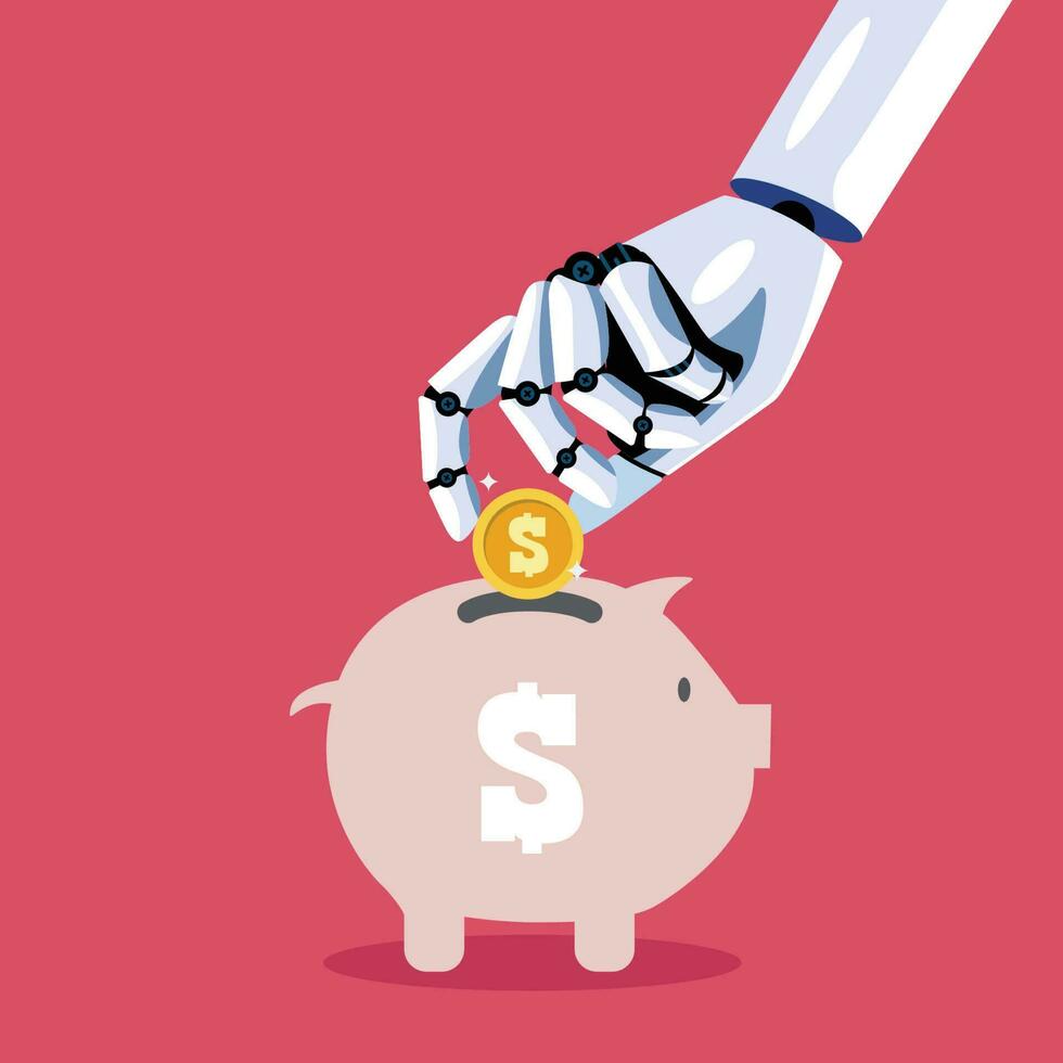 Robot hand insert coin into piggy bank vector