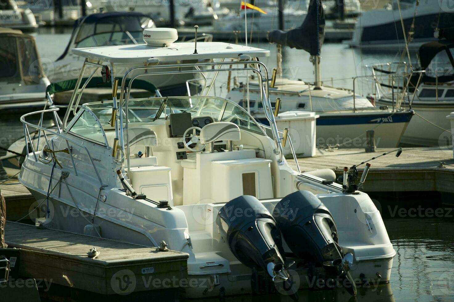 Motorboat on harbor view photo