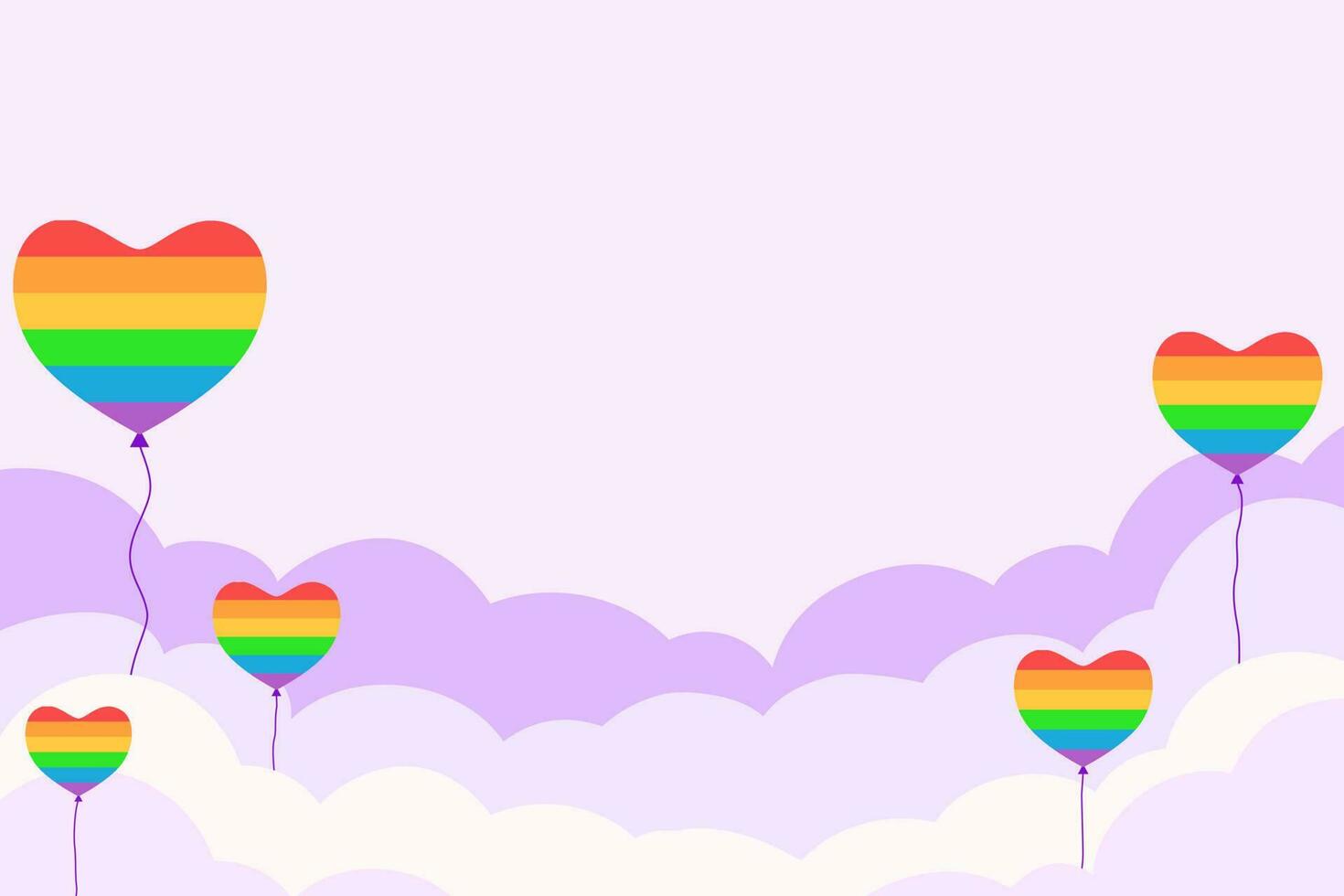 Vector - Rainbow balloon heart flying on cloud and violet sky background. Pride, LGBT, sex concept. Copy space for any text design.