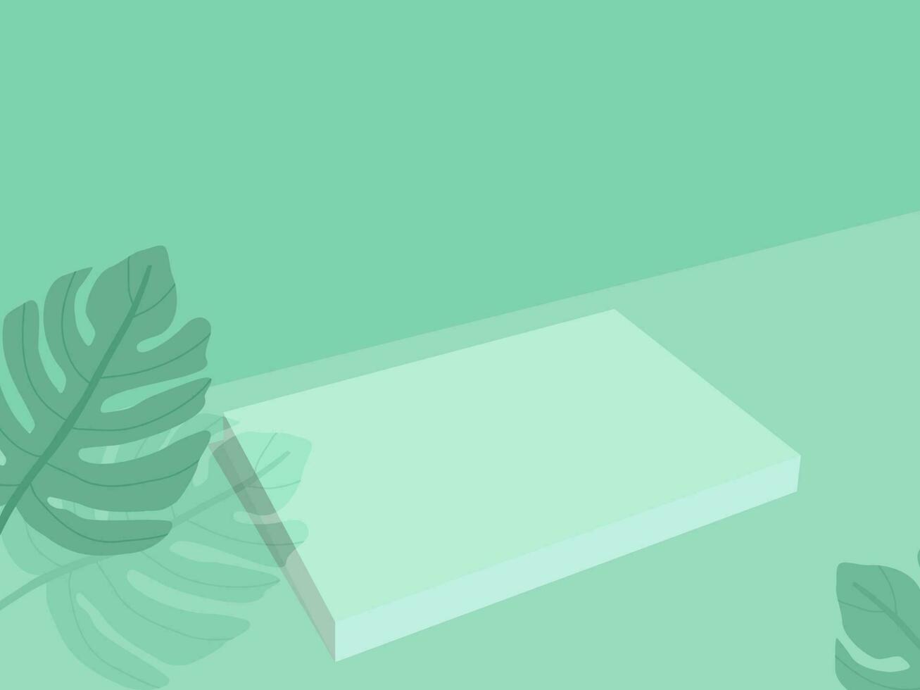 Vector - Rectangle stage and Philodendron leaves on green background. Can be use for advertising to show your product. Copy space. 3D.