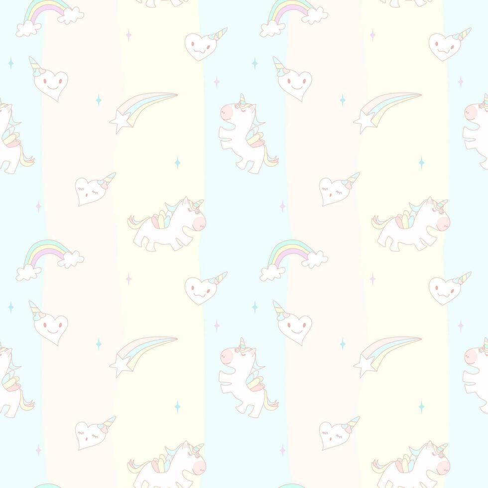 Vector - Abstract seamless pattern of cute unicorn, cloud, star and hearts on rainbow background.