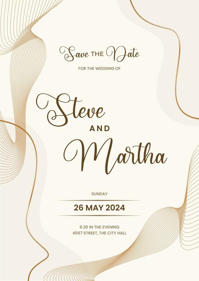 Modern wedding invitation template on white background with abstract wavy lines and gold color vector