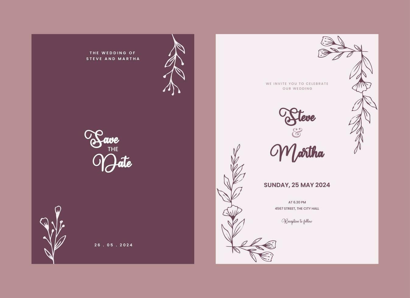 Minimalist double side wedding invitation template with hand drawn leaves and flowers decoration simple style vector