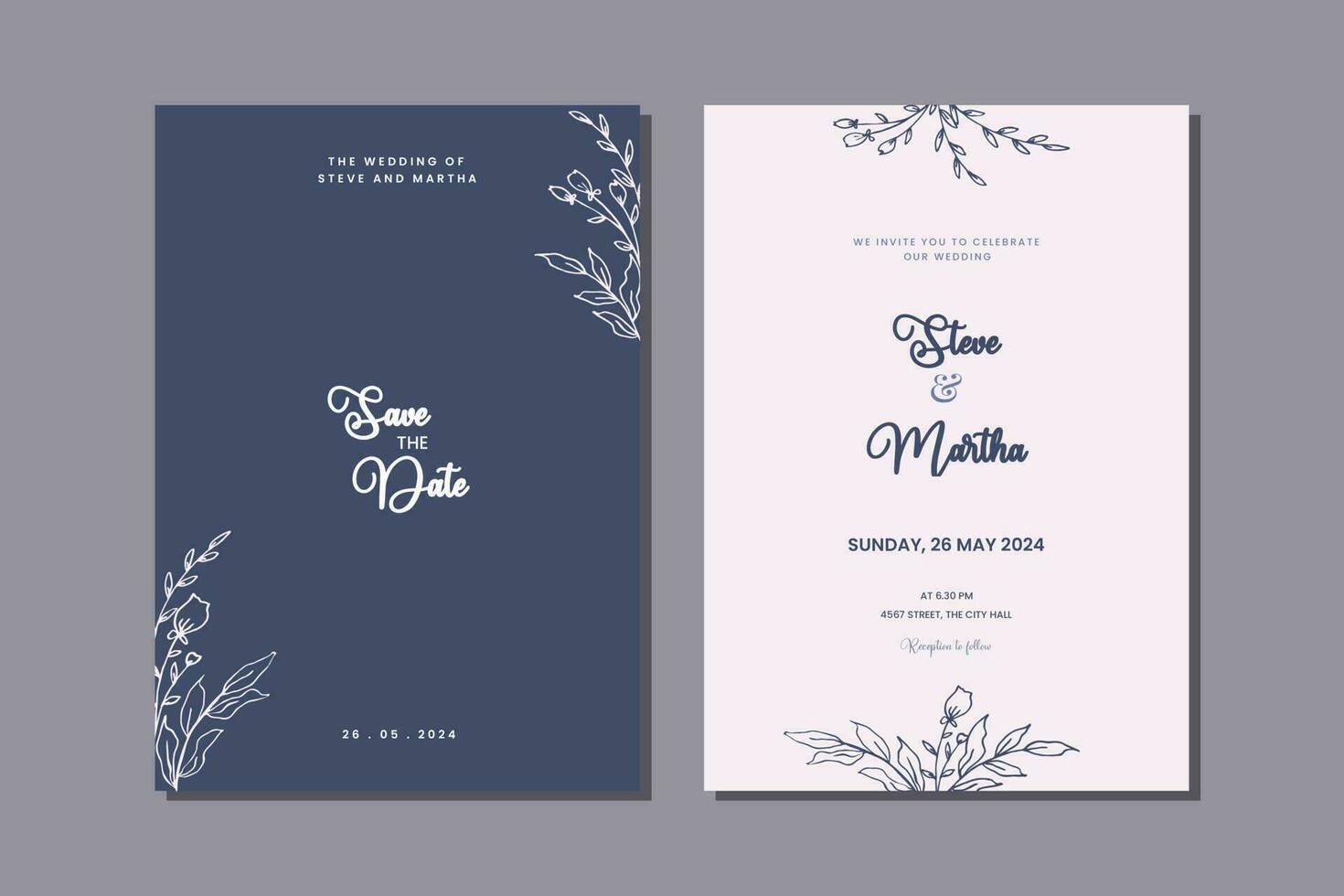 Minimalist double side wedding invitation template with hand drawn leaves and flowers decoration simple style vector