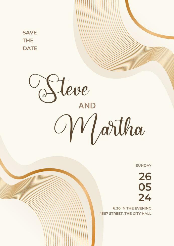 Modern wedding invitation template on white background with abstract wavy lines and gold color vector