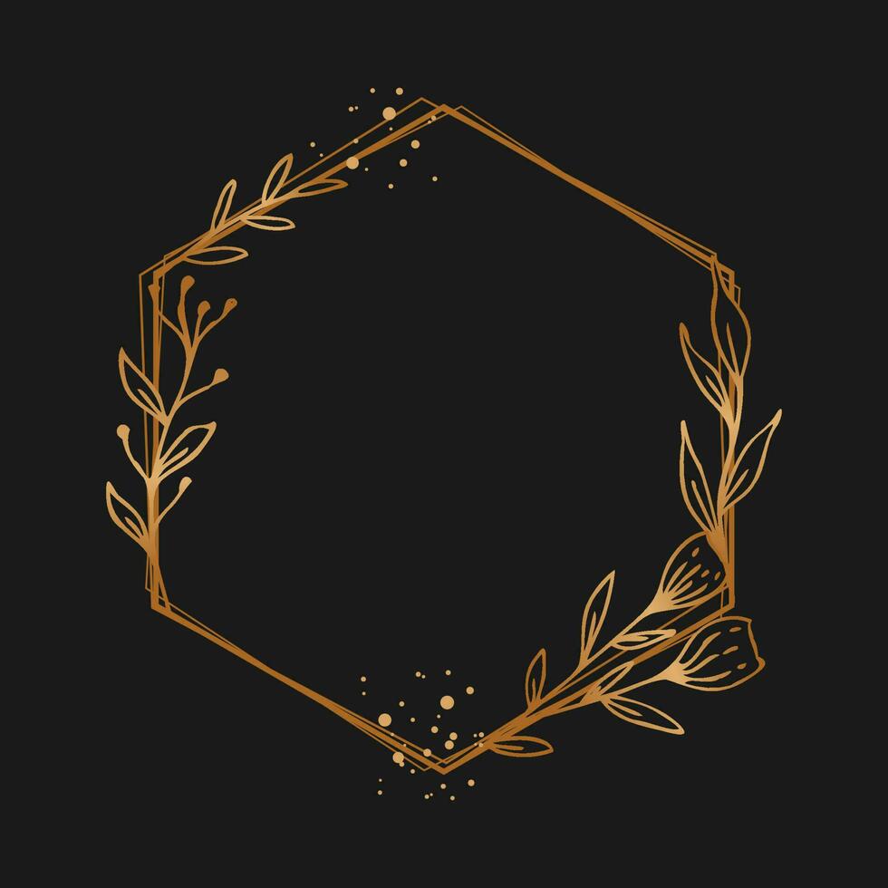 Simple gold hexagon floral border for wedding or engagement invitation, thank you card, logo, greeting vector