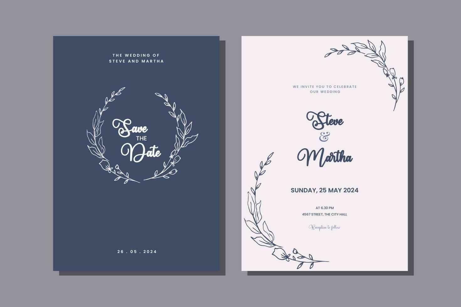 Minimalist double side wedding invitation template with hand drawn leaves and flowers decoration simple style vector