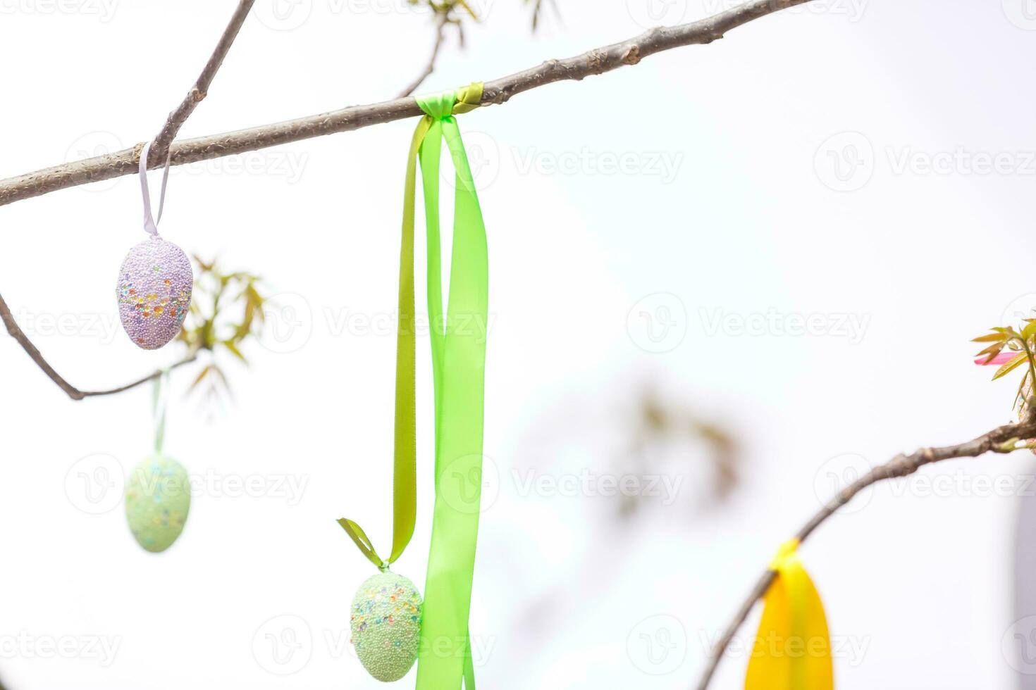 Three Easter eggs with branches on sky background photo