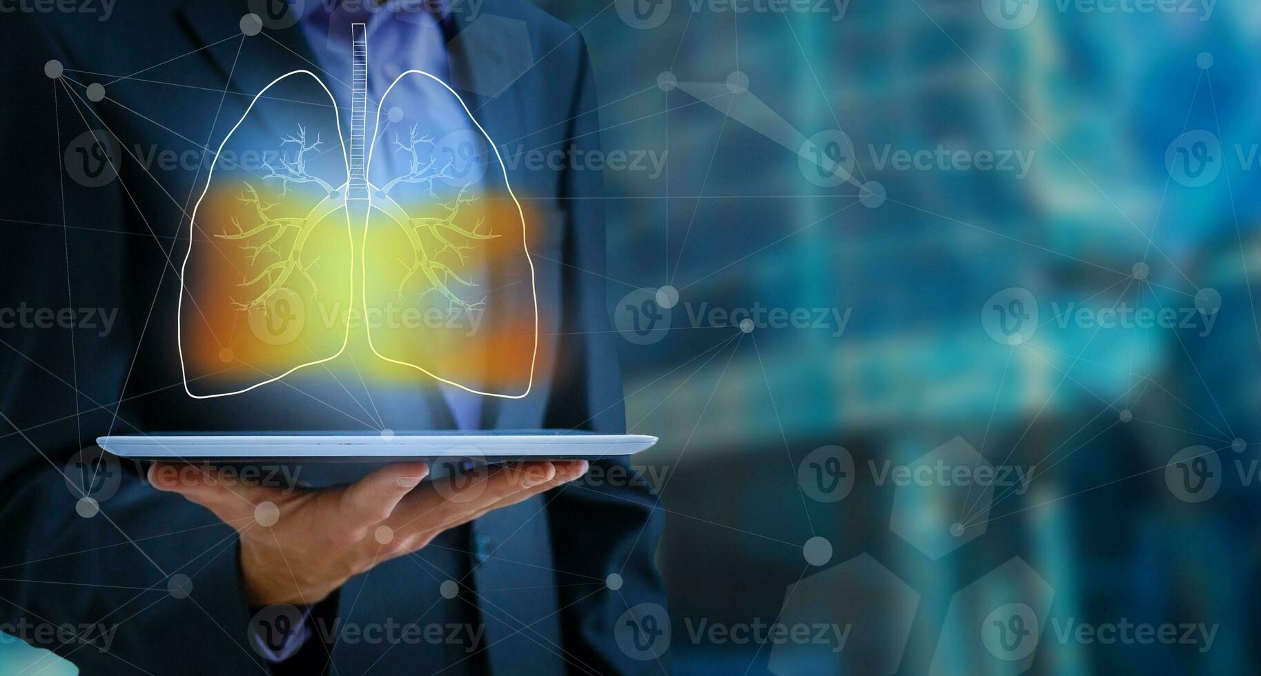 Artificial intelligence in smart healthcare hospital technology concept. AI biomedical algorithm and machine learning detect Pneumonia and cancer cell in X-Rays process. photo