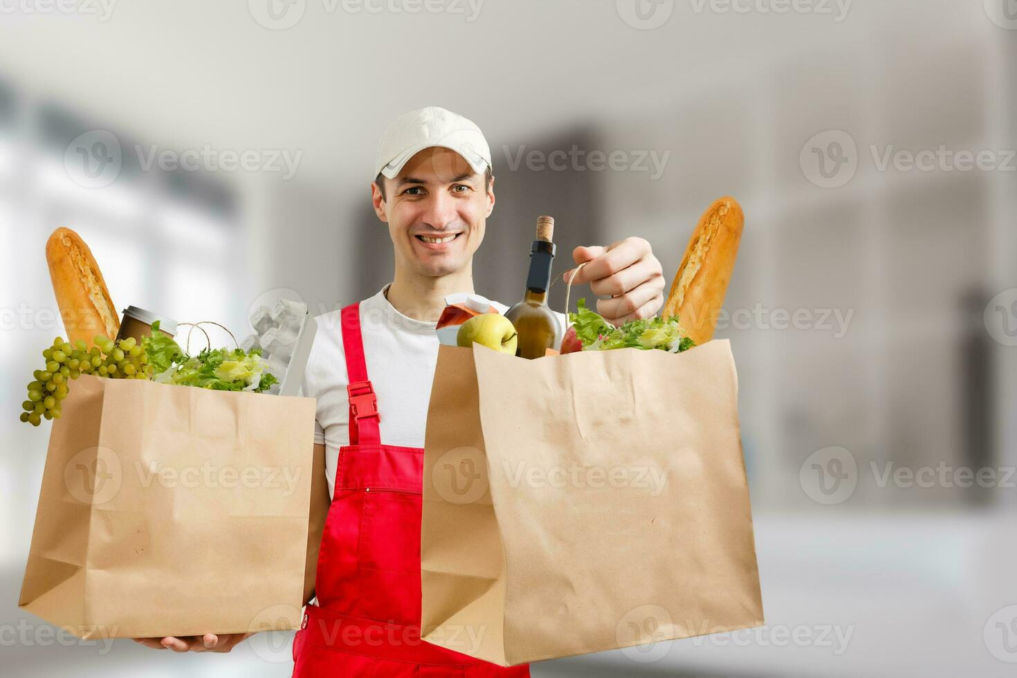 paper bag with fresh products a button carrot pepper, quarantine product delivery photo