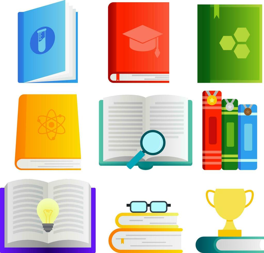 Book vector illustration set. Books icon pack vector. Colorful book icons for symbol education, school, study, student and library. Back to school stationery design graphic resource