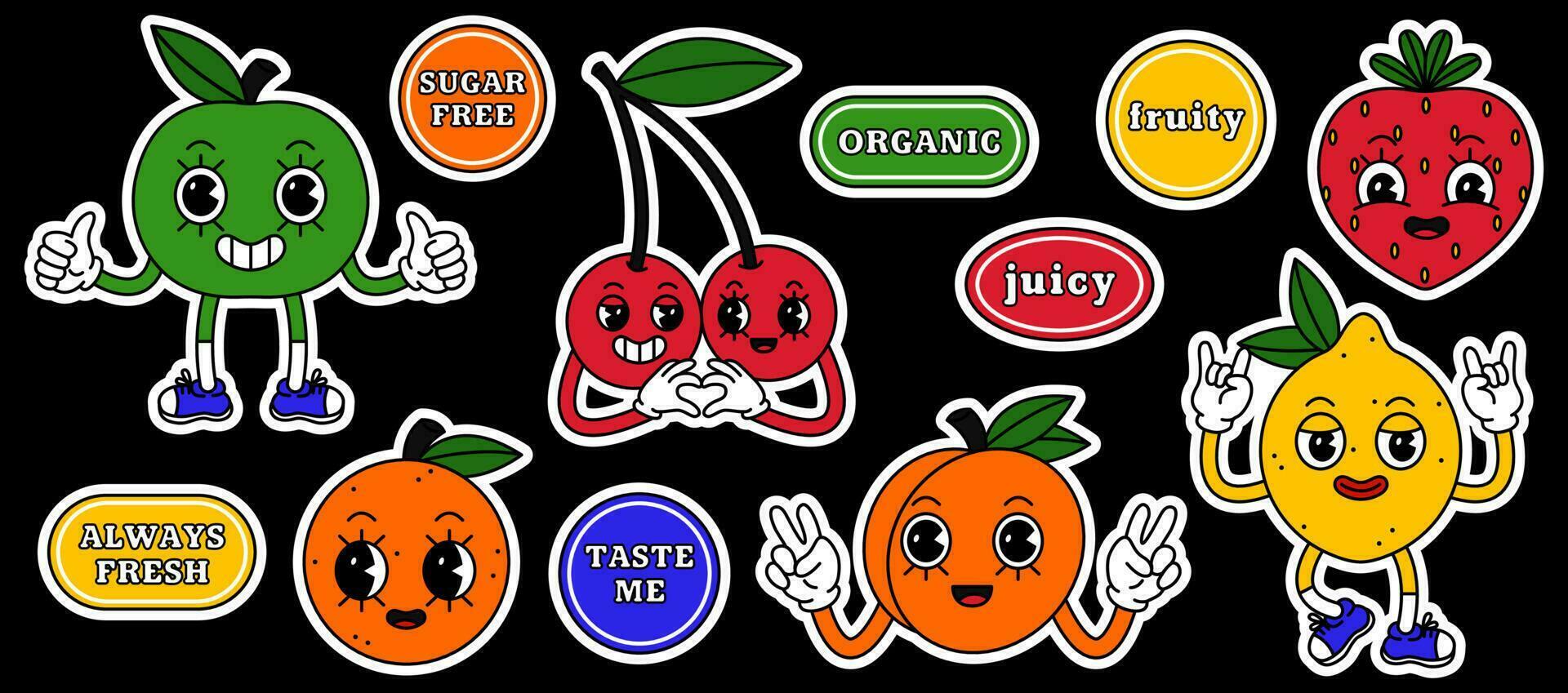 pegatina conjunto de Fruta retro dibujos animados personaje. pegatina paquete de jugoso cereza, fresa, durazno, limón, naranja y manzana con citas y lemas. vector