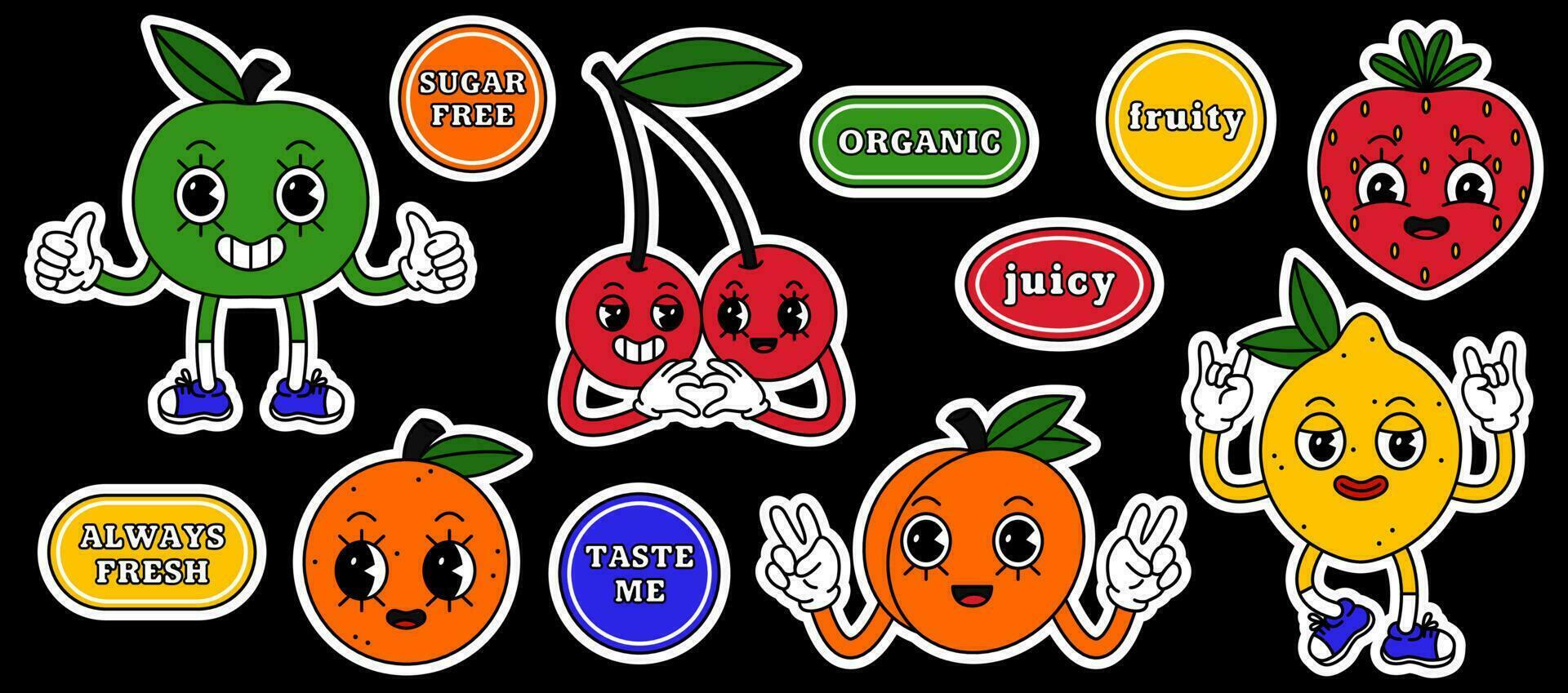 Sticker set of fruit retro cartoon character. Sticker pack of juicy cherry, strawberry, peach, lemon, orange and apple with quotes and slogans. vector