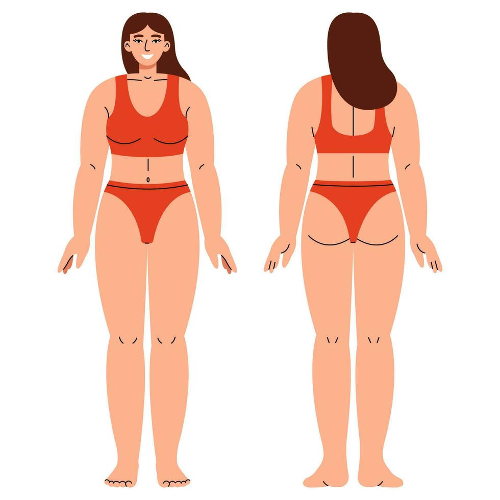 figura mujer en lencería desde frente y espalda vista. plano ilustración aislado en blanco. vector