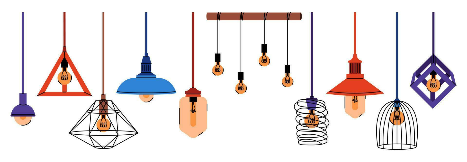 Collection of different chandelier lamps. Flat vector illustration on white background.