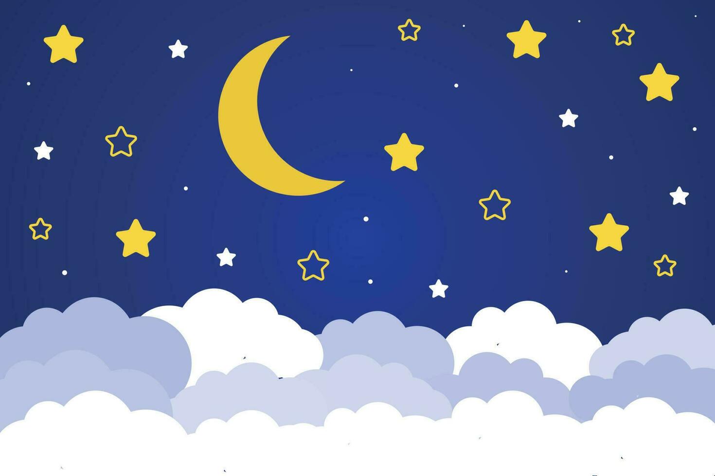 creciente Luna y estrellas con nubes en un oscuro antecedentes de el noche cielo. papel Arte. noche escena antecedentes. vector