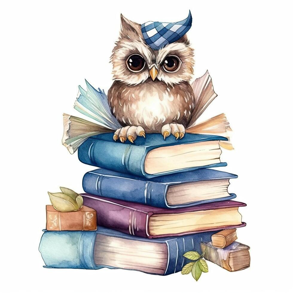 Watercolor books wuth owl. Illustration photo