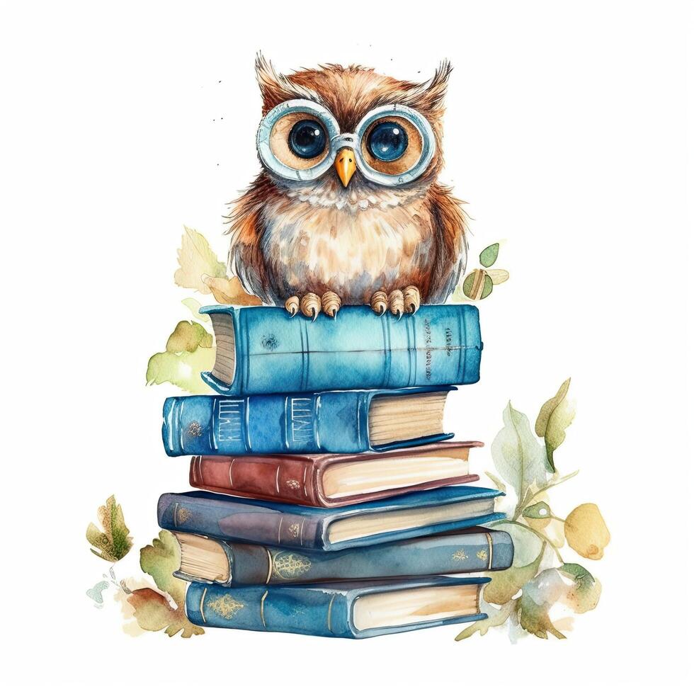 Watercolor books wuth owl. Illustration photo