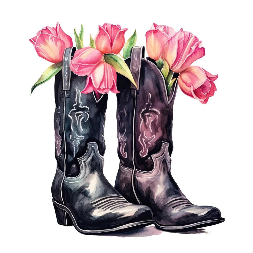 Watercolor cowboy boots with flowers. Illustration photo