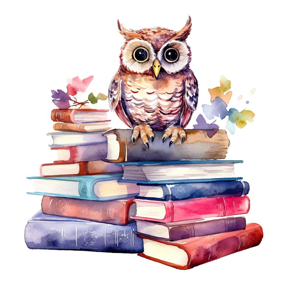 Watercolor books wuth owl. Illustration photo