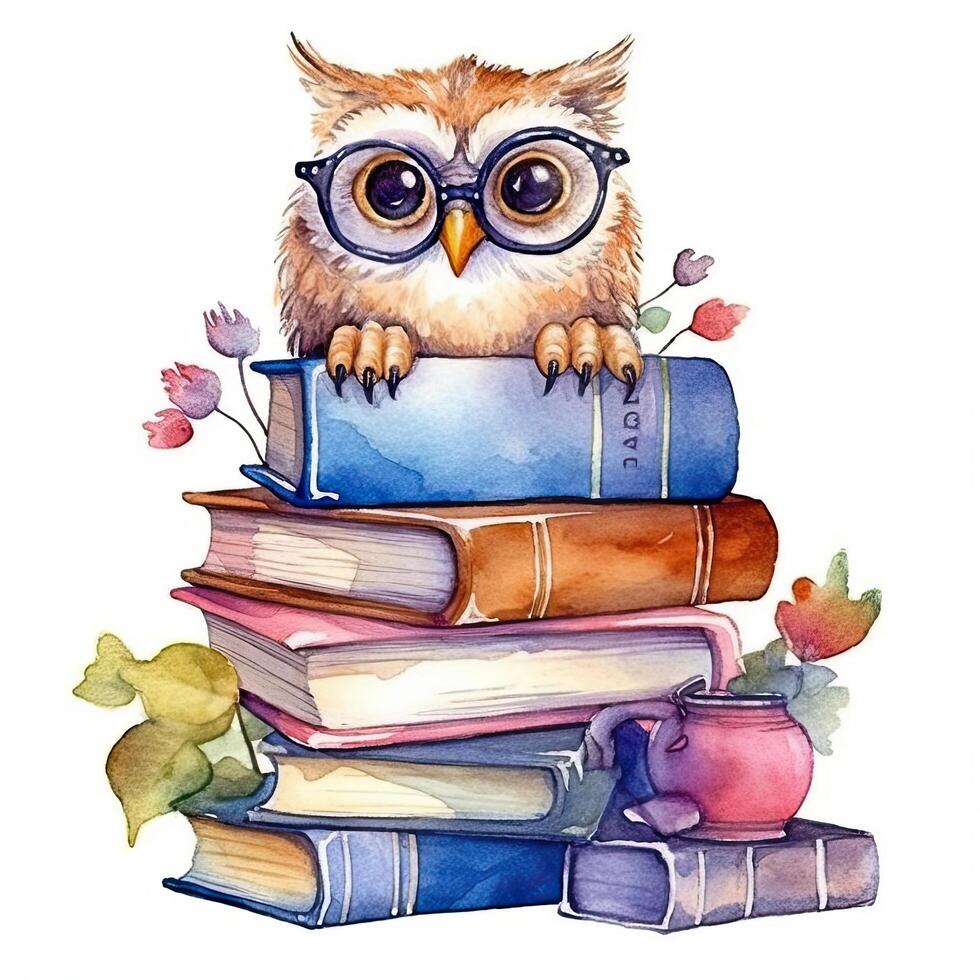 Watercolor books wuth owl. Illustration photo