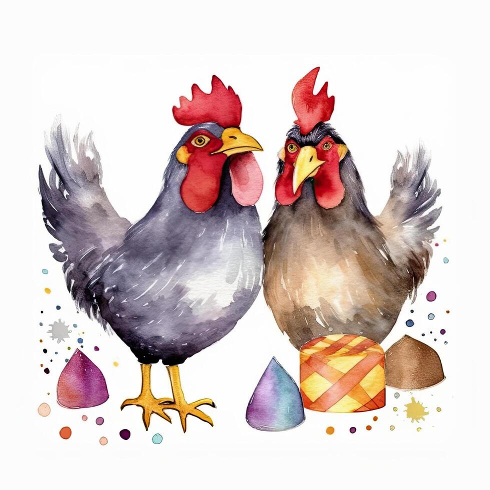Cute watercolor two chicken. Illustration photo