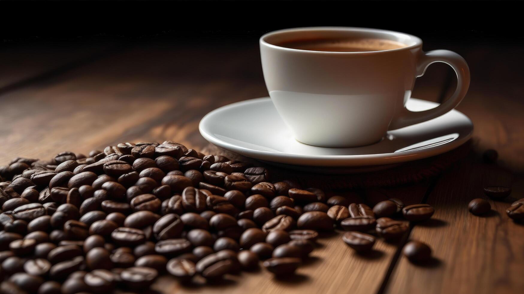 Coffee beans and a cup of black coffee on a wooden table Illustration photo