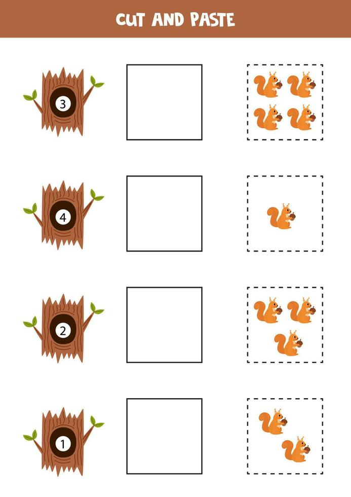 Math game for kids. Count and paste cute squirrels to the tree hollows. vector