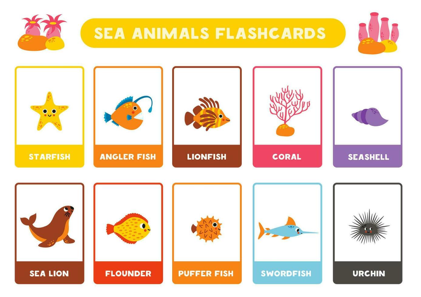 Cute cartoon sea animals with names. Flashcards for learning English. vector