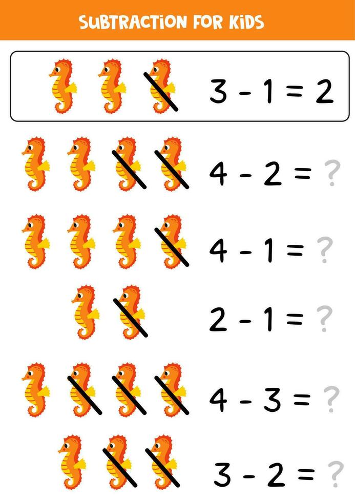 Subtraction with cute seahorse. Educational math game for kids. vector