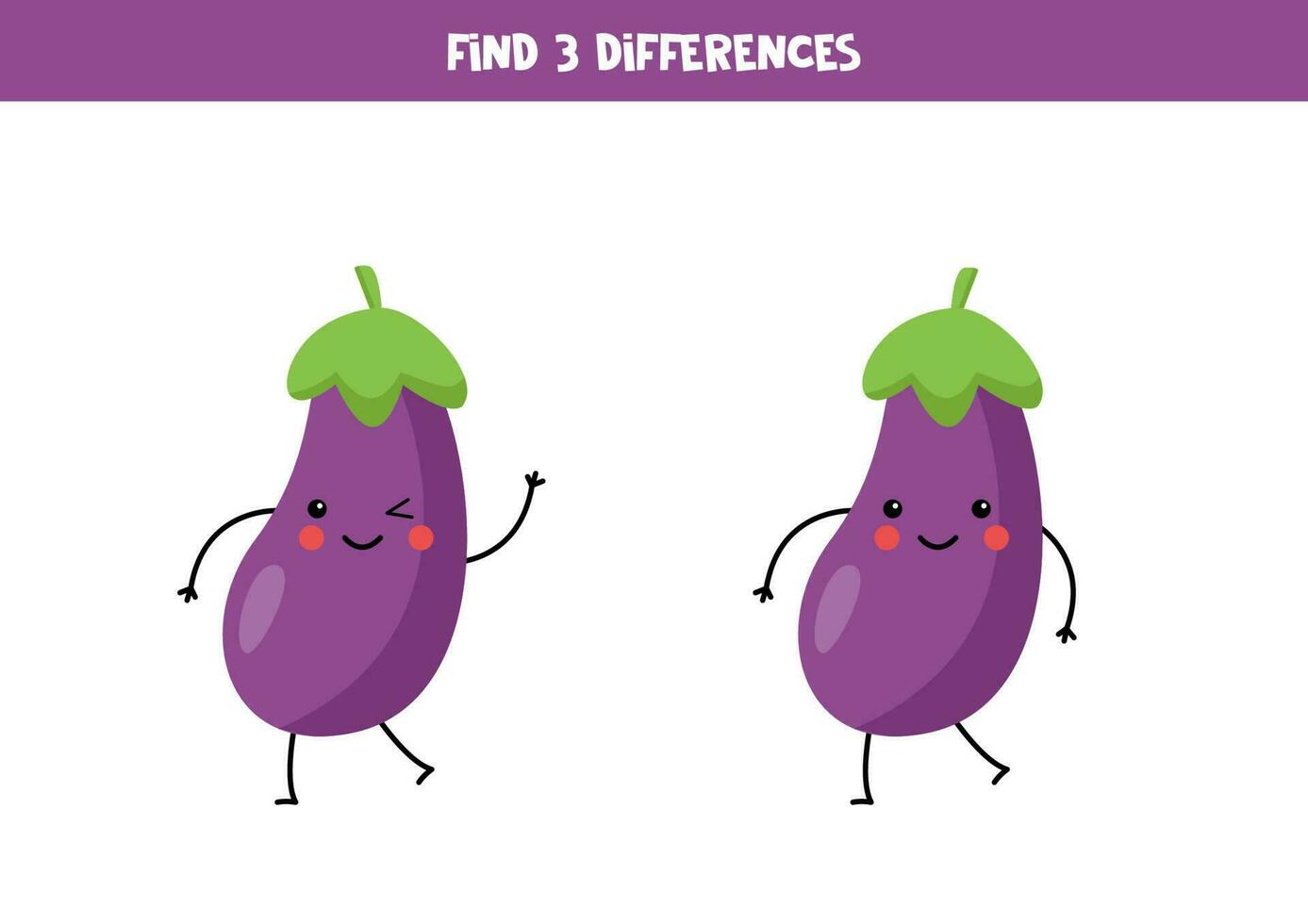 Find three differences between two pictures of cute kawaii eggplants. vector