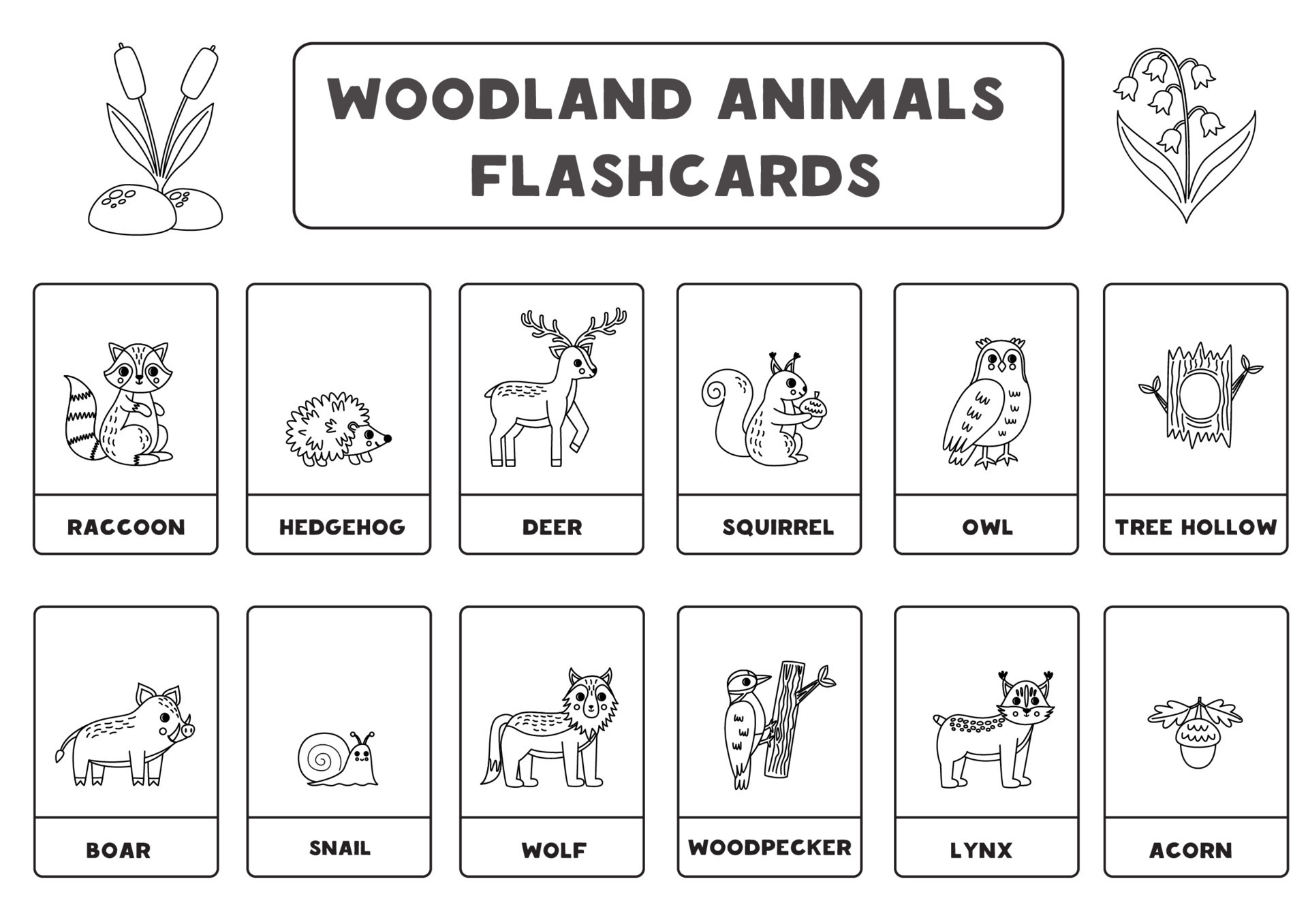 cute-cartoon-woodland-animals-with-names-black-and-white-flashcards