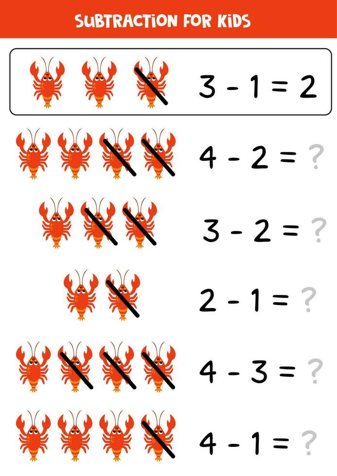 Subtraction with cute red lobster. Educational math game for kids. vector