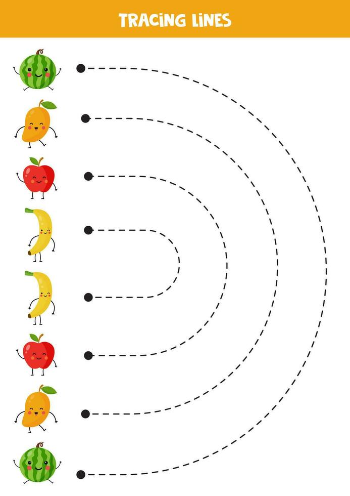 Handwriting practice with cute kawaii fruits. Tracing lines for preschoolers. vector