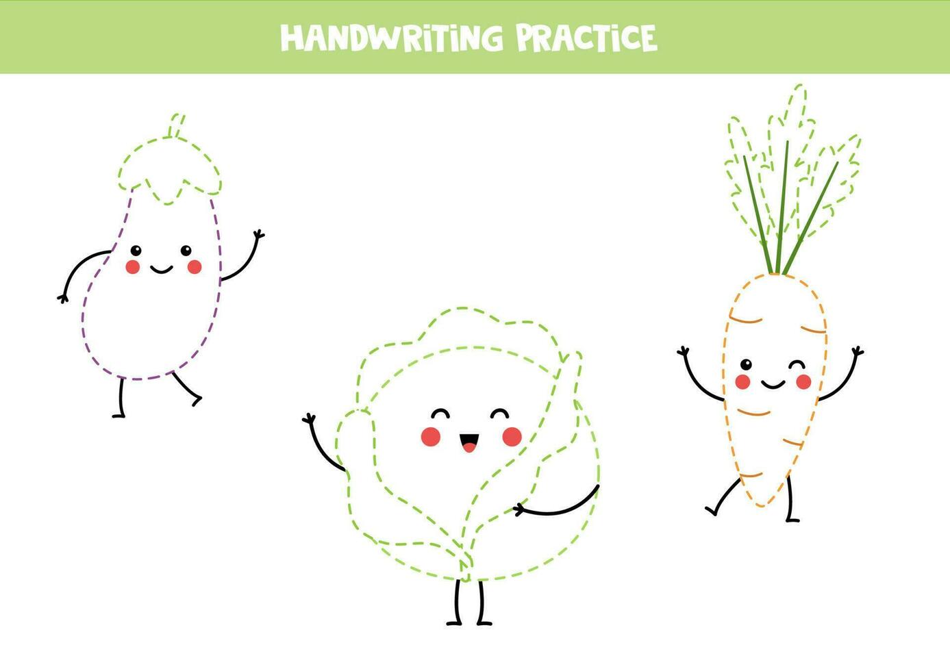 Handwriting practice with cute kawaii vegetables. Tracing lines for preschoolers. Vector illustration.