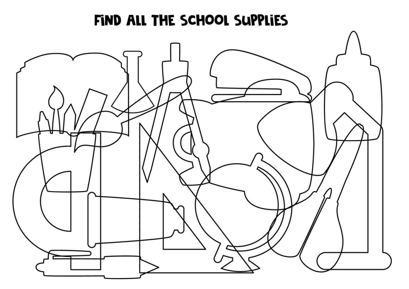 Find all the imposed school supplies. Find all silhouettes. Logical puzzle for kids. vector