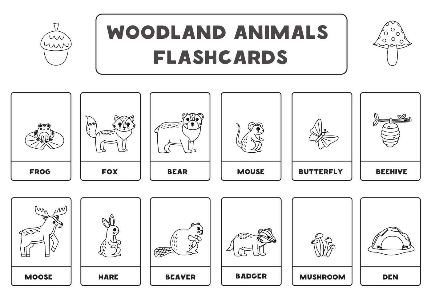 Cute cartoon woodland animals with names. Black and white flashcards. vector