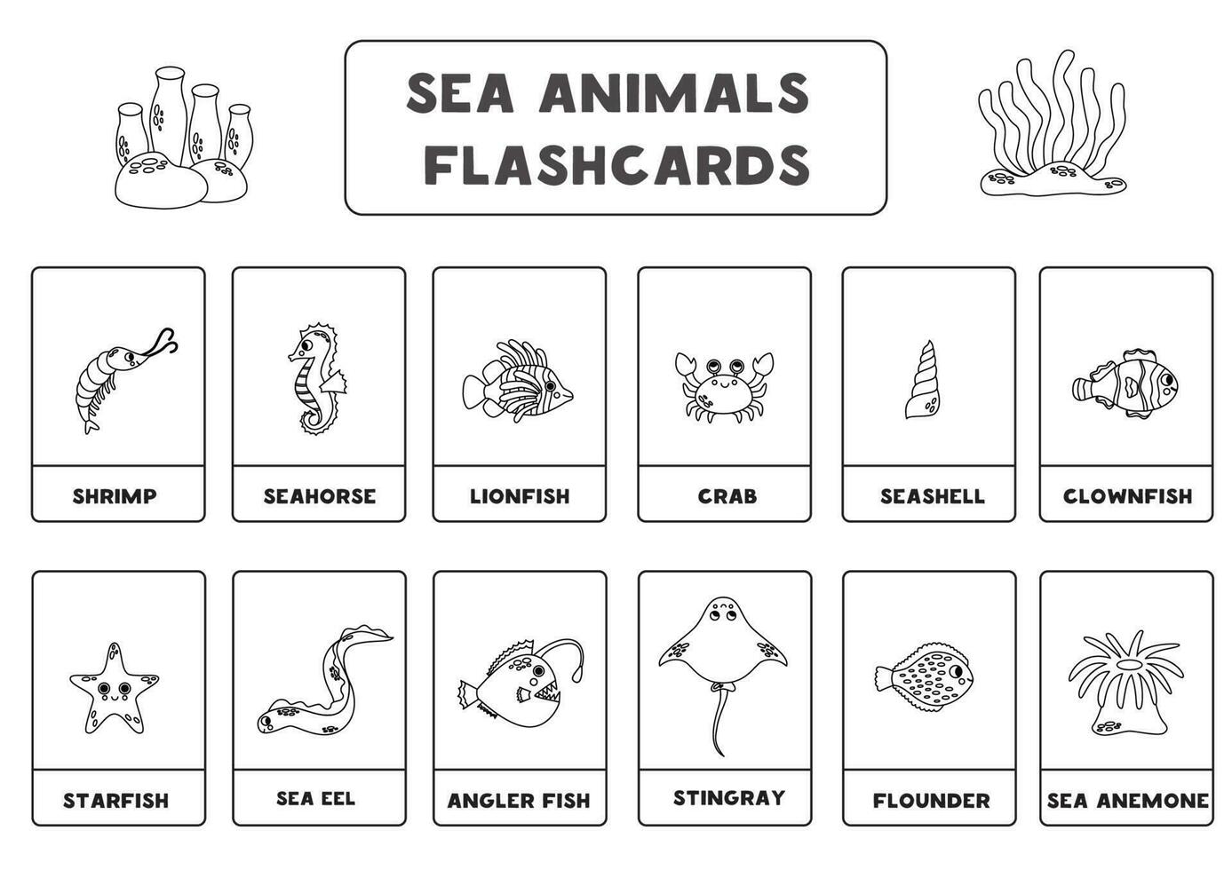 Cute cartoon sea animals with names. Black and white. Flashcards for learning English. vector