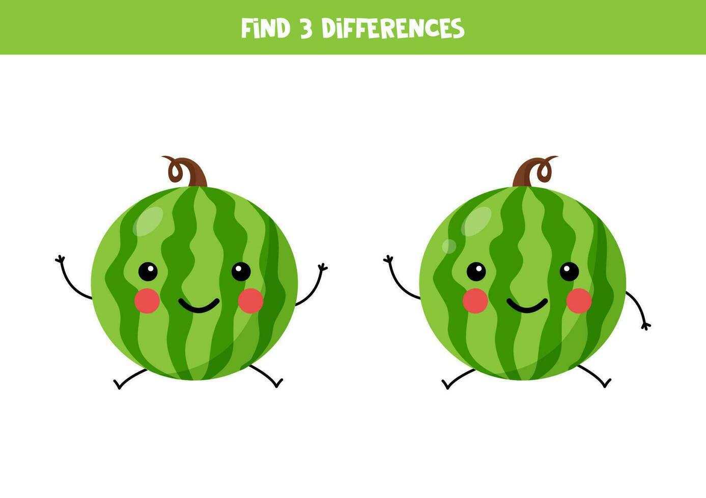 Find three differences between two pictures of cute kawaii watermelons. vector