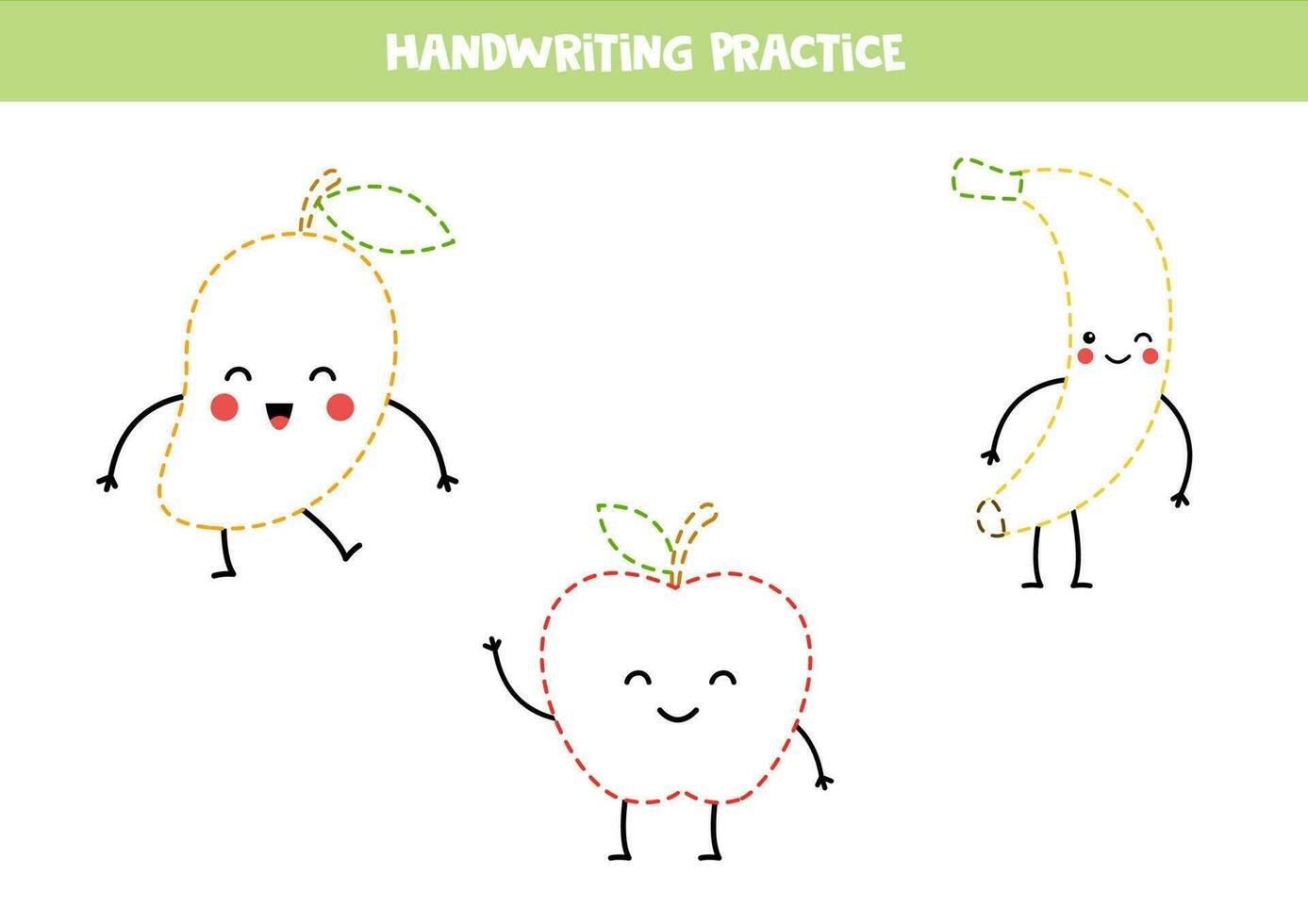 Handwriting practice with cute kawaii fruits. Tracing lines for preschoolers. Vector illustration.