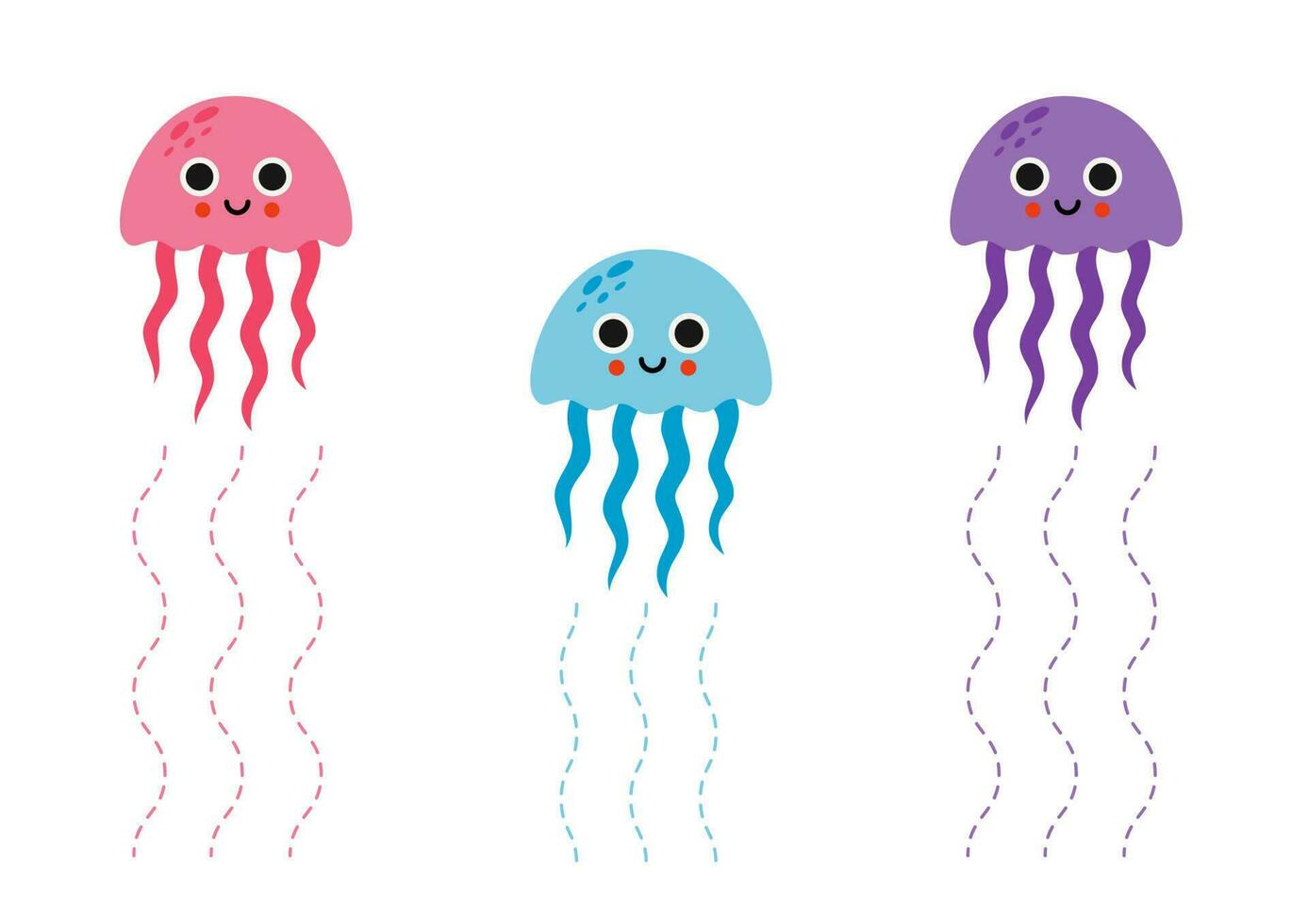 Handwriting practice with cute jelly fishes. Tracing lines for preschoolers. Vector illustration.