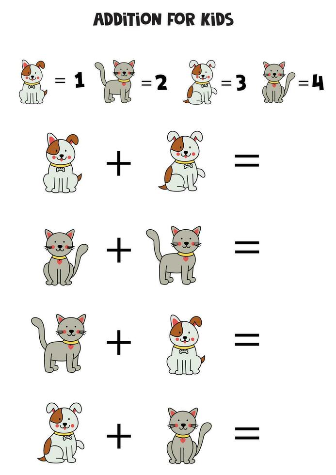 Addition for kids with different cute dogs and cats. vector
