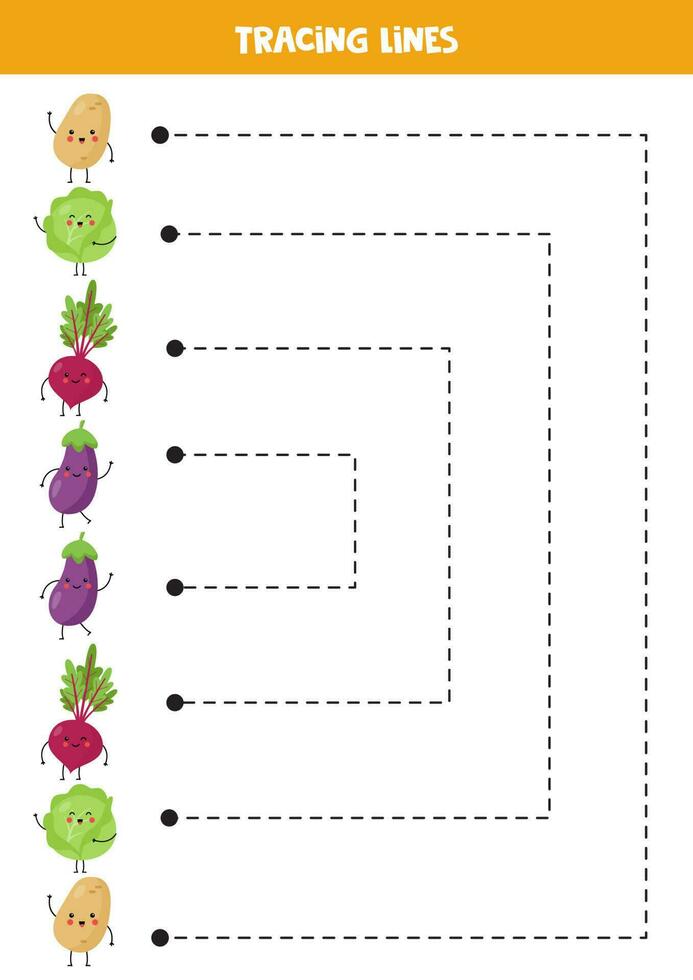 escritura práctica con linda kawaii vegetales. rastreo líneas para preescolares educativo juego para niños. vector