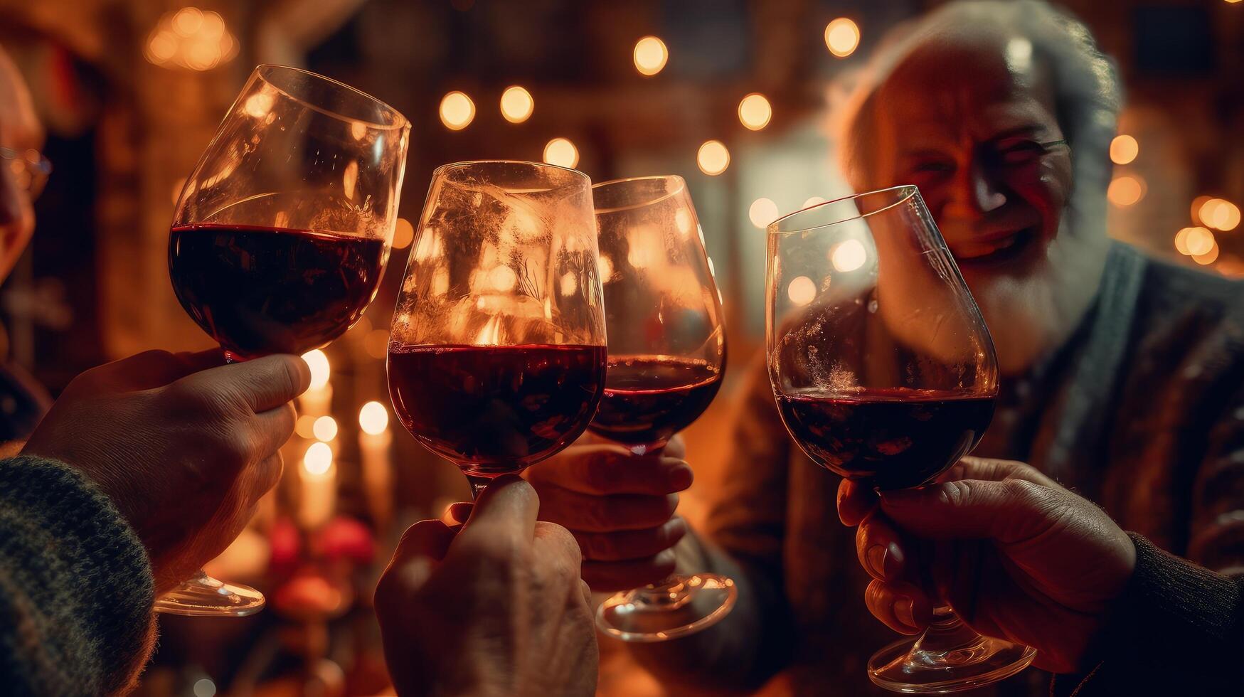 Celebratory red wine toast between senior adult friend. Illustration photo