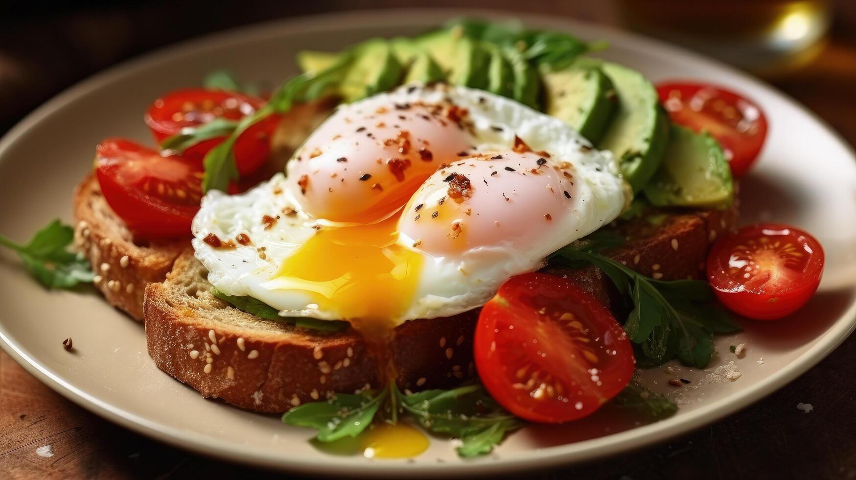 Avocado toast with roasted tomatoes and eggs Illustration photo