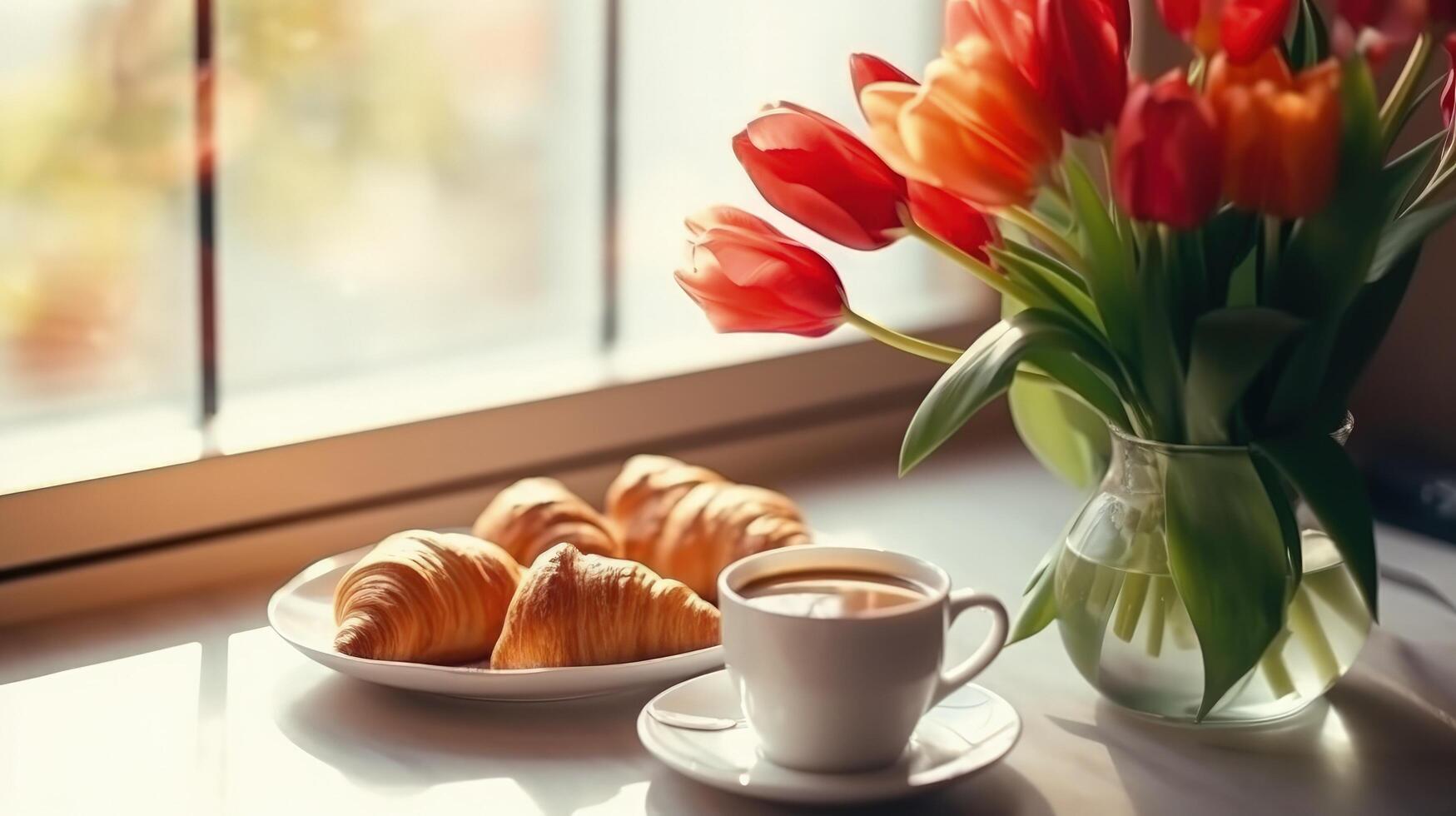 Beautiful breakfast, lunch with cup of coffee and fresh croissants, tulips Illustration photo