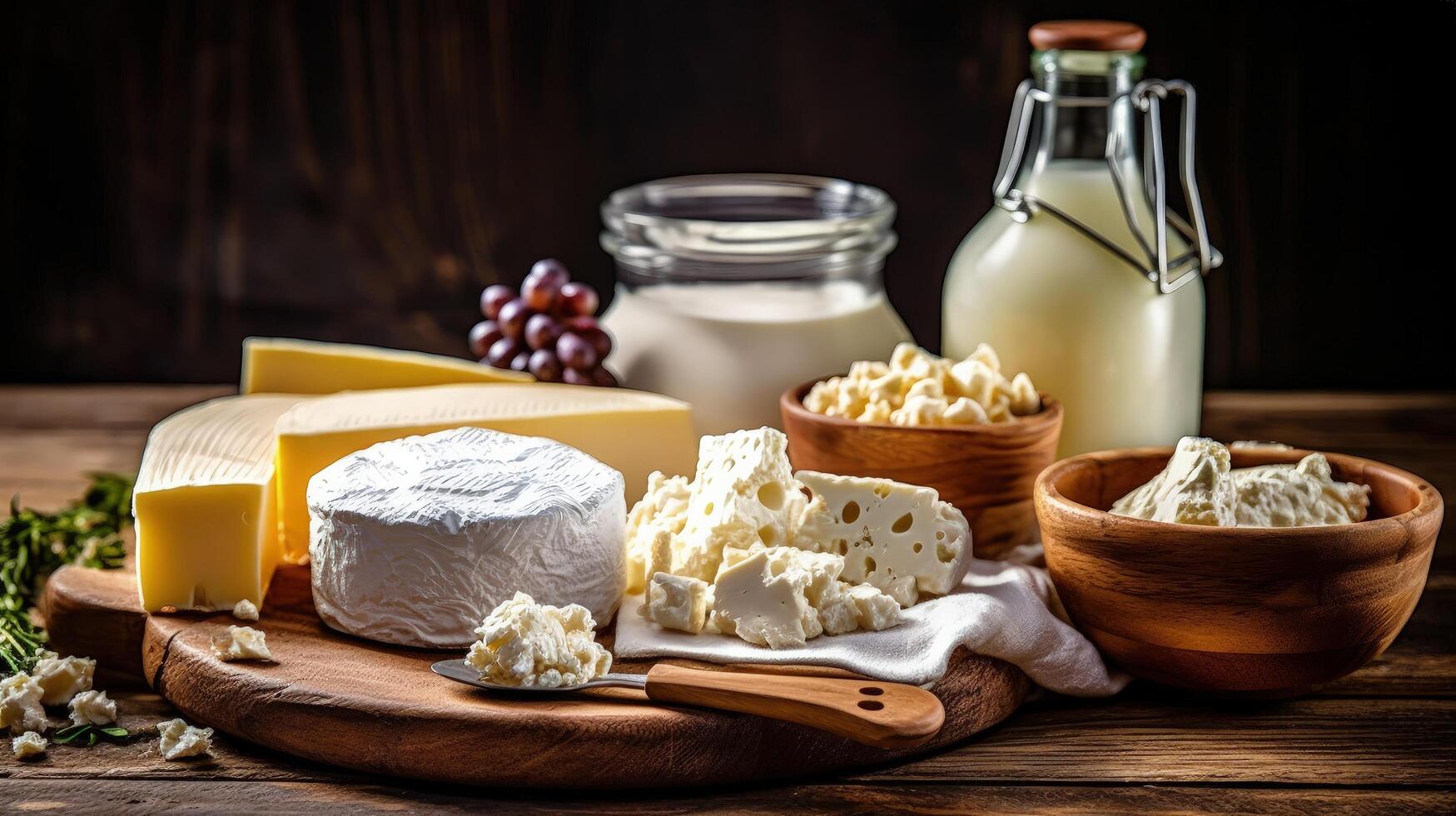 Dairy products on rustic wooden table Illustration photo